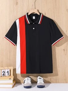 SHEIN Teen Boys' Casual Striped & Color Block Knit Loose Polo Shirt, Teen Boy - Multicolor - View 2