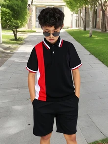 SHEIN Teen Boys' Casual Striped & Color Block Knit Loose Polo Shirt, Teen Boy - Multicolor - View 7