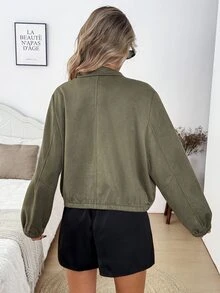 SHEIN LUNE 女款休閒秋冬通勤日常基礎時尚麂皮外套 - 橄欖綠 - 查看 9