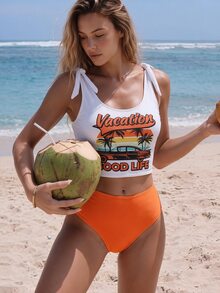 SHEIN Swim Summer Beach Tropical & Letter Graphic Tie Shoulder Tankini Set, Bathing Suit - Multicolor - View 2