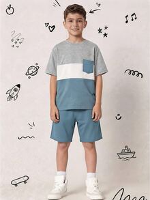 SHEIN 2件組青少年男孩休閒學院風拼色圓領套頭短袖T恤與短褲套裝 卡其色 適合通勤、上學、外出、運動、假期派對、度假、春夏季 - 藍色 - 查看 4