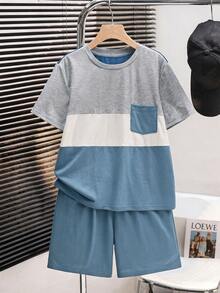 SHEIN 2件組青少年男孩休閒學院風拼色圓領套頭短袖T恤與短褲套裝 卡其色 適合通勤、上學、外出、運動、假期派對、度假、春夏季 - 藍色 - 查看 3