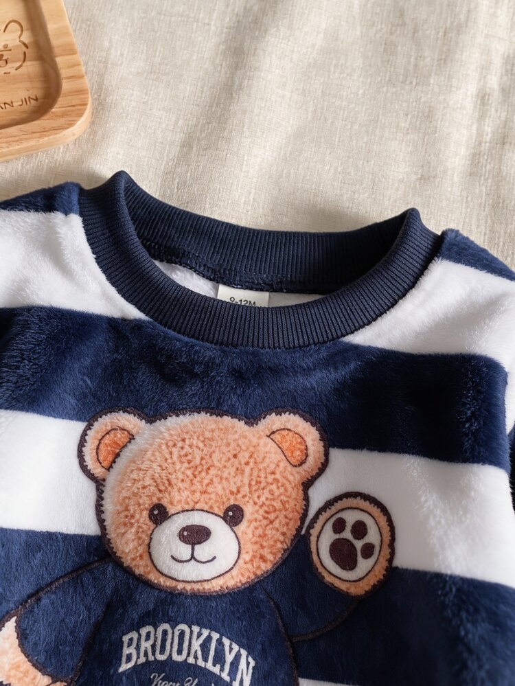SHEIN 2pcs Baby Boy Toddler Boy Sweatshirt Pants Set Cute Blue White Striped Bear Fuzzy Long Sleeve Round Neck Thick Holiday Winter Christmas Fall Sherpa - Blue - View 5