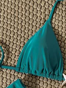 SHEIN Swim Women's Solid Color Spaghetti Strap Metal Decor Sexy Bikini Set, Summer - Green - View 4