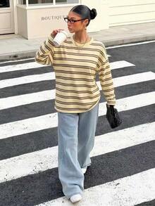 Muchica 女款休閒極簡復古奶油黃與棕色拼色條紋露背綁帶長袖T恤，適合外出、返校、街頭穿搭，露背上衣，秋季上衣，適合日常通勤、約會、派對、秋冬春夏、聖誕節、新年、感恩節、派對、婚禮、海灘、畢業、時尚、優雅 - 彩色 - 查看 3