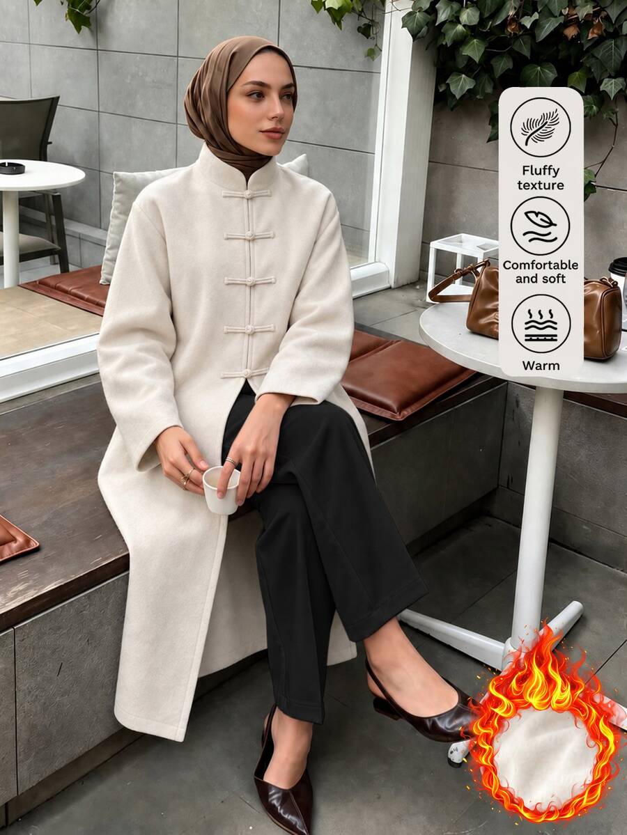 Selianne Vintage Chinese Style Stand Collar Frog Button Long Overcoat, Loose Straight Fit New Chinese Chic Woolen Overcoat - Apricot - View 1
