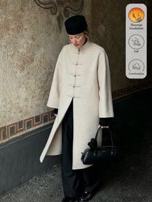 Selianne Vintage Chinese Style Stand Collar Frog Button Long Overcoat, Loose Straight Fit New Chinese Chic Woolen Overcoat - Apricot - View 3