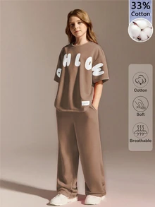 SHEIN Tween GirlsCasual Sports Set,Brown,Chocolatebrown,Summer,School,Loose Oversized Round Neck T-Shirt Paired With Relaxed Pants,Soft Skin-Friendly Fabric - Brown - View 2