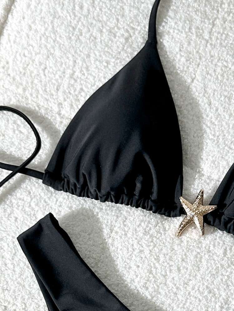 SHEIN Swim Women's Solid Color Metal Decor Halter Sexy Bikini Set, Summer - Black - View 4