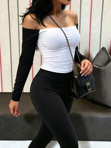 INAWLY Solva ملابس علوية نسائية كاجوال يومية بأكمام طويلة وأكتاف مكشوفة بتصميم ألوان متباينة - أبيض وأسود - مشاهدة 6