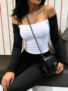 INAWLY Solva ملابس علوية نسائية كاجوال يومية بأكمام طويلة وأكتاف مكشوفة بتصميم ألوان متباينة - أبيض وأسود - مشاهدة 2