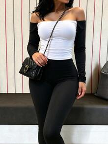 INAWLY Solva ملابس علوية نسائية كاجوال يومية بأكمام طويلة وأكتاف مكشوفة بتصميم ألوان متباينة - أبيض وأسود - مشاهدة 4