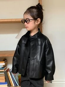 DAZY Infant/Toddler (Girl) PU Korean Style Casual Autumn/Winter Long Sleeve Jacket - Black - View 3
