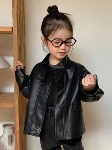 DAZY Infant/Toddler (Girl) PU Korean Style Casual Autumn/Winter Long Sleeve Jacket - Black - View 4
