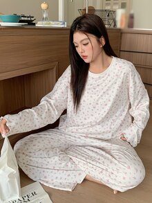 Dazy Plus Plus Size Women Ditsy Floral Print Loose Pajama Set, Comfortable Home Wear For Spring & Autumn, Winter Clothes - White - View 3