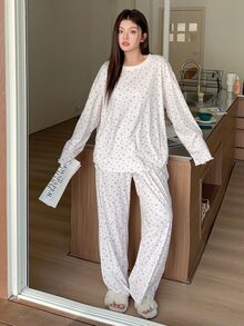 Dazy Plus Plus Size Women Ditsy Floral Print Loose Pajama Set, Comfortable Home Wear For Spring & Autumn, Winter Clothes - White - View 5