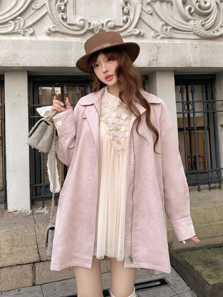 Tideelle Loose Fit Lapel Trench Coat With Smooth Drape Fabric, Zipper And Single-Button Closure, Dropped Shoulder Design, Flattering For Various Body Types, Suitable For Casual And Commute Wear, Low Saturation Pink Tone, Soft And Brightening, Minimalist Style - Baby Pink - View 8