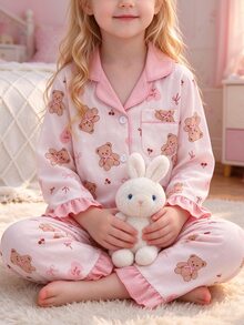 SHEIN Sweet Style Bear And Bow Print Long Sleeve Cardigan And Pants 2 Pieces Set, Casual Comfortable Loungewear For Girls - Baby Pink - View 2