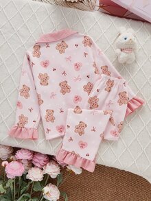 SHEIN Sweet Style Bear And Bow Print Long Sleeve Cardigan And Pants 2 Pieces Set, Casual Comfortable Loungewear For Girls - Baby Pink - View 4