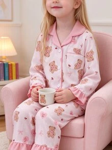 SHEIN Sweet Style Bear And Bow Print Long Sleeve Cardigan And Pants 2 Pieces Set, Casual Comfortable Loungewear For Girls - Baby Pink - View 6