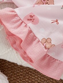 SHEIN Sweet Style Bear And Bow Print Long Sleeve Cardigan And Pants 2 Pieces Set, Casual Comfortable Loungewear For Girls - Baby Pink - View 9
