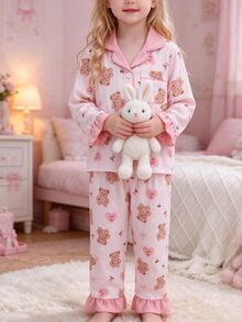 SHEIN Sweet Style Bear And Bow Print Long Sleeve Cardigan And Pants 2 Pieces Set, Casual Comfortable Loungewear For Girls - Baby Pink - View 5