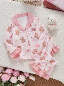 SHEIN Sweet Style Bear And Bow Print Long Sleeve Cardigan And Pants 2 Pieces Set, Casual Comfortable Loungewear For Girls - Baby Pink - View 7