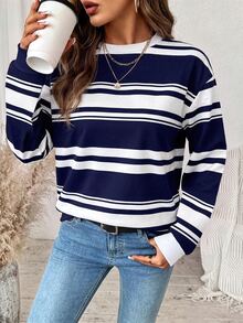 SHEIN LUNE Sweatshirt Lengan Panjang Wanita Motif Blok Warna Kasual Serbaguna untuk Sehari-hari - Putih - View 4