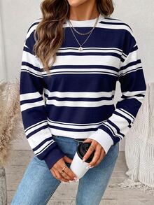 SHEIN LUNE Sweatshirt Lengan Panjang Wanita Motif Blok Warna Kasual Serbaguna untuk Sehari-hari - Putih - View 3