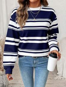 SHEIN LUNE Sweatshirt Lengan Panjang Wanita Motif Blok Warna Kasual Serbaguna untuk Sehari-hari - Putih - View 2