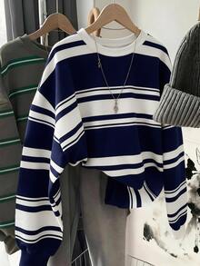 SHEIN LUNE Sweatshirt Lengan Panjang Wanita Motif Blok Warna Kasual Serbaguna untuk Sehari-hari - Putih - View 1