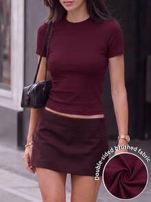 Cévolie Vintage Burgundy Semi-High Neck Short Sleeve Knit Top Women Slim Fit Elastic Short Length Tight Slimming Square Shoulder T-Shirt Undershirt - Burgundy - View 4