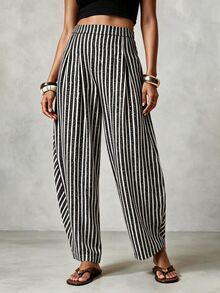 EMERY ROSE CURVE Plus Size Women's High Waist Striped Pleated Curved Leg Pants Fall - Multicolor - View 7