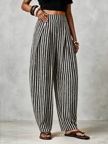 EMERY ROSE CURVE Plus Size Women's High Waist Striped Pleated Curved Leg Pants Fall - Multicolor - View 8