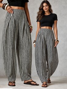 EMERY ROSE CURVE Plus Size Women's High Waist Striped Pleated Curved Leg Pants Fall - Multicolor - View 1