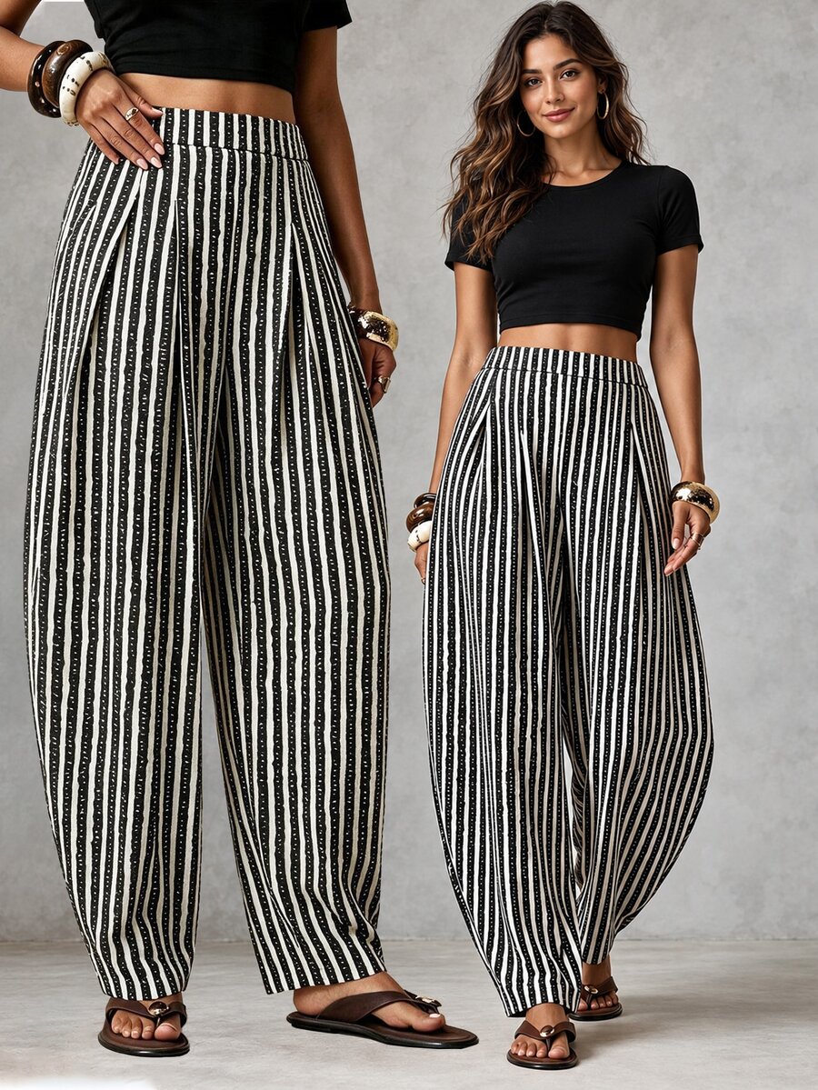EMERY ROSE CURVE Plus Size Women's High Waist Striped Pleated Curved Leg Pants Fall - Multicolor - View 1
