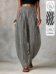 EMERY ROSE CURVE Plus Size Women's High Waist Striped Pleated Curved Leg Pants Fall - Multicolor - View 4