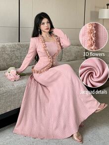 Modelyn Pink 3D Floral Trim Petal Sleeve Textured Jacquard Short Top & Dress 2 Pieces Set - Pink - View 8
