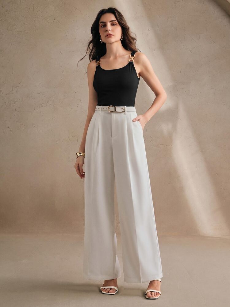 Anewsta 女款秋冬新款綠色極簡時尚金屬扣針織細肩帶背心，適合通勤與度假穿搭 - 黑色 - 查看 5