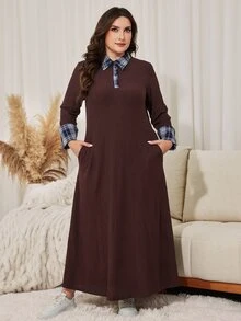 Lacomfia فستان طويل فضفاض كاجوال للنساء مقاس كبير بياقة مفتوحة وأكمام طويلة بنقشة مربعات وتصميم رقعات مضلع، خريف - بني - مشاهدة 6