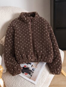SHEIN Tween Girls' Fall Winter Brown Little Polka Dot Fleece Watermark Jacket Birthday Party Stand Collar Zipper Front Cuffed Fuzzy Jacket Coat For Outdoor - Coffee Brown - View 4