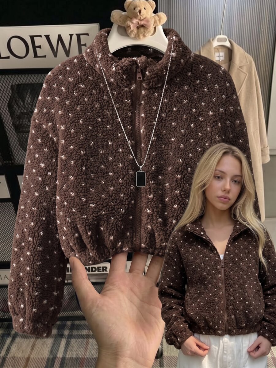 SHEIN Tween Girls' Fall Winter Brown Little Polka Dot Fleece Watermark Jacket Birthday Party Stand Collar Zipper Front Cuffed Fuzzy Jacket Coat For Outdoor