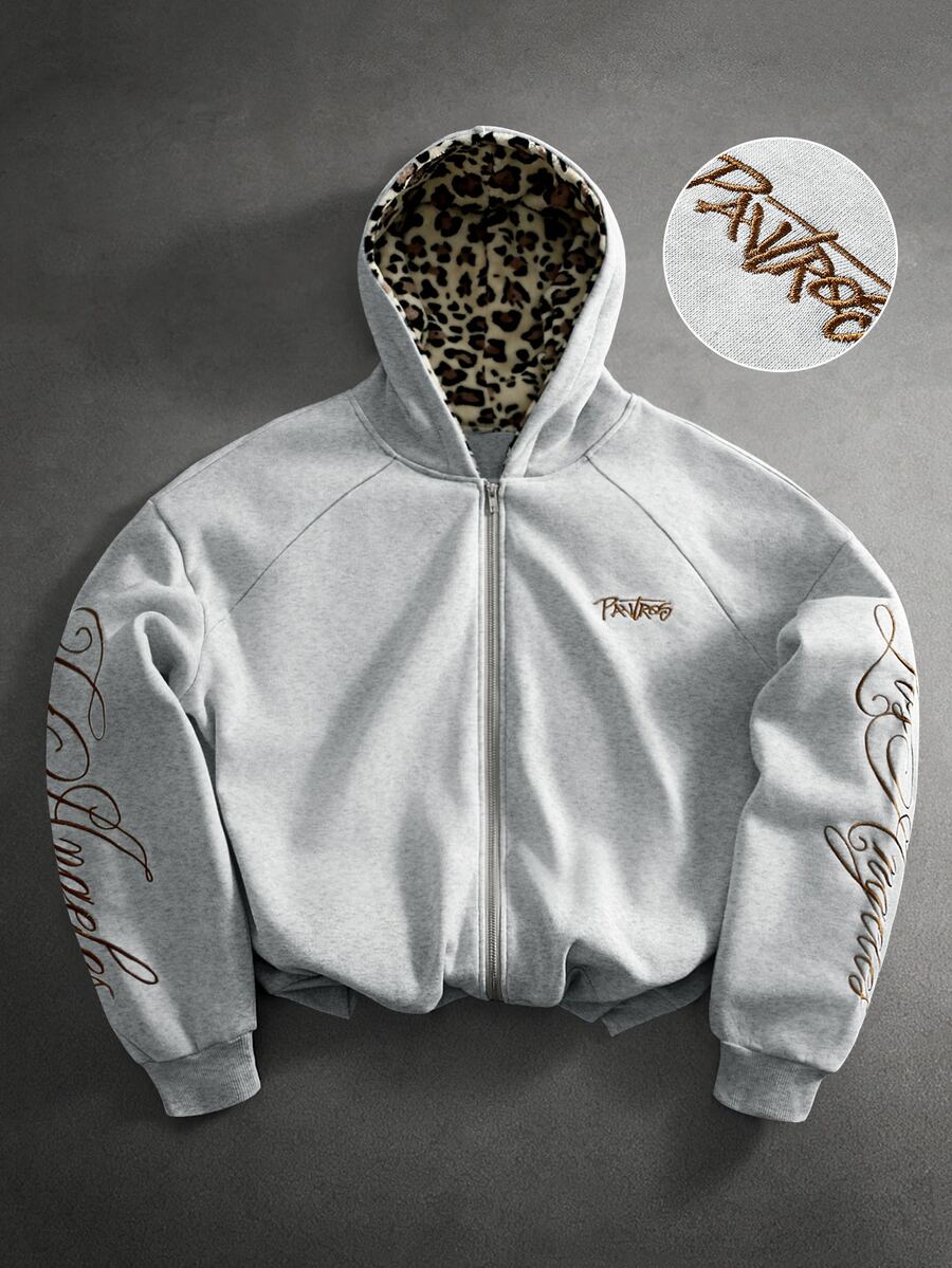 PAVTROS Men's Embroidered Zipper Long Sleeve Fashion Streetwear Hoodie Vacation Grey Leopard Print Fall - Grey - View 1