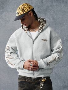 PAVTROS Men's Embroidered Zipper Long Sleeve Fashion Streetwear Hoodie Vacation Grey Leopard Print Fall - Grey - View 7
