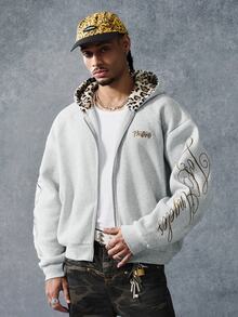 PAVTROS Men's Embroidered Zipper Long Sleeve Fashion Streetwear Hoodie Vacation Grey Leopard Print Fall - Grey - View 6