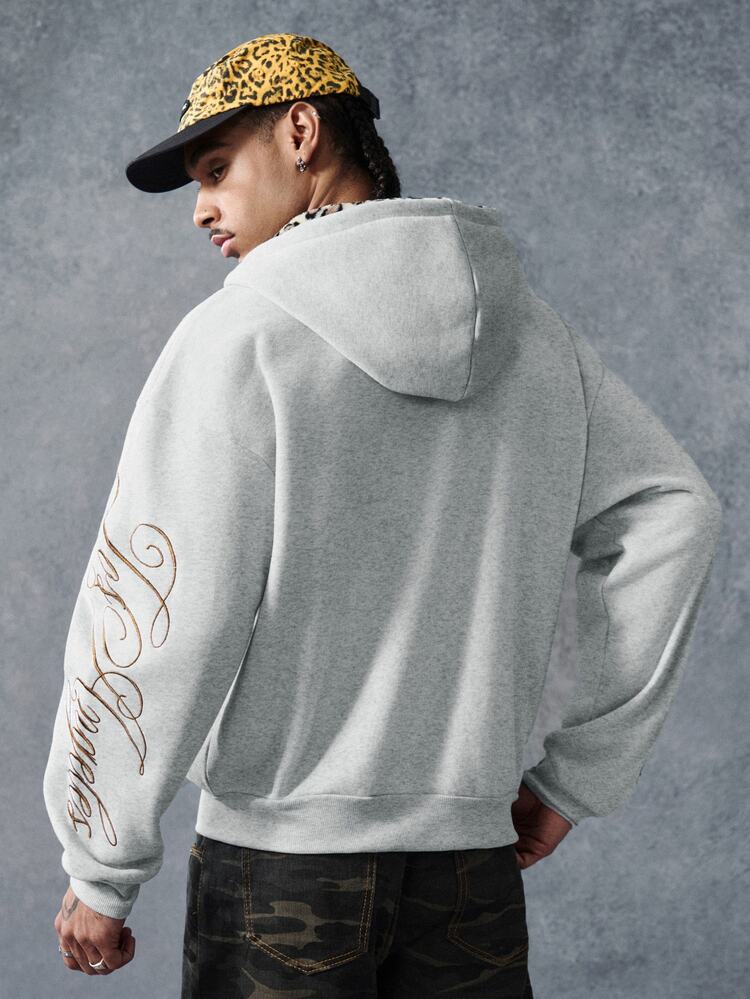 PAVTROS Áo hoodie nam thêu họa tiết khóa kéo tay dài phong cách thời trang đường phố, in họa tiết báo xám cho kỳ nghỉ mùa thu - Xám - Xem 5
