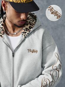 PAVTROS Men's Embroidered Zipper Long Sleeve Fashion Streetwear Hoodie Vacation Grey Leopard Print Fall - Grey - View 3