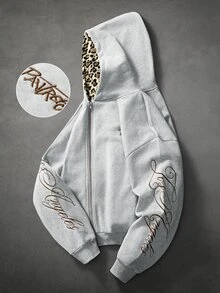 PAVTROS Men's Embroidered Zipper Long Sleeve Fashion Streetwear Hoodie Vacation Grey Leopard Print Fall - Grey - View 2