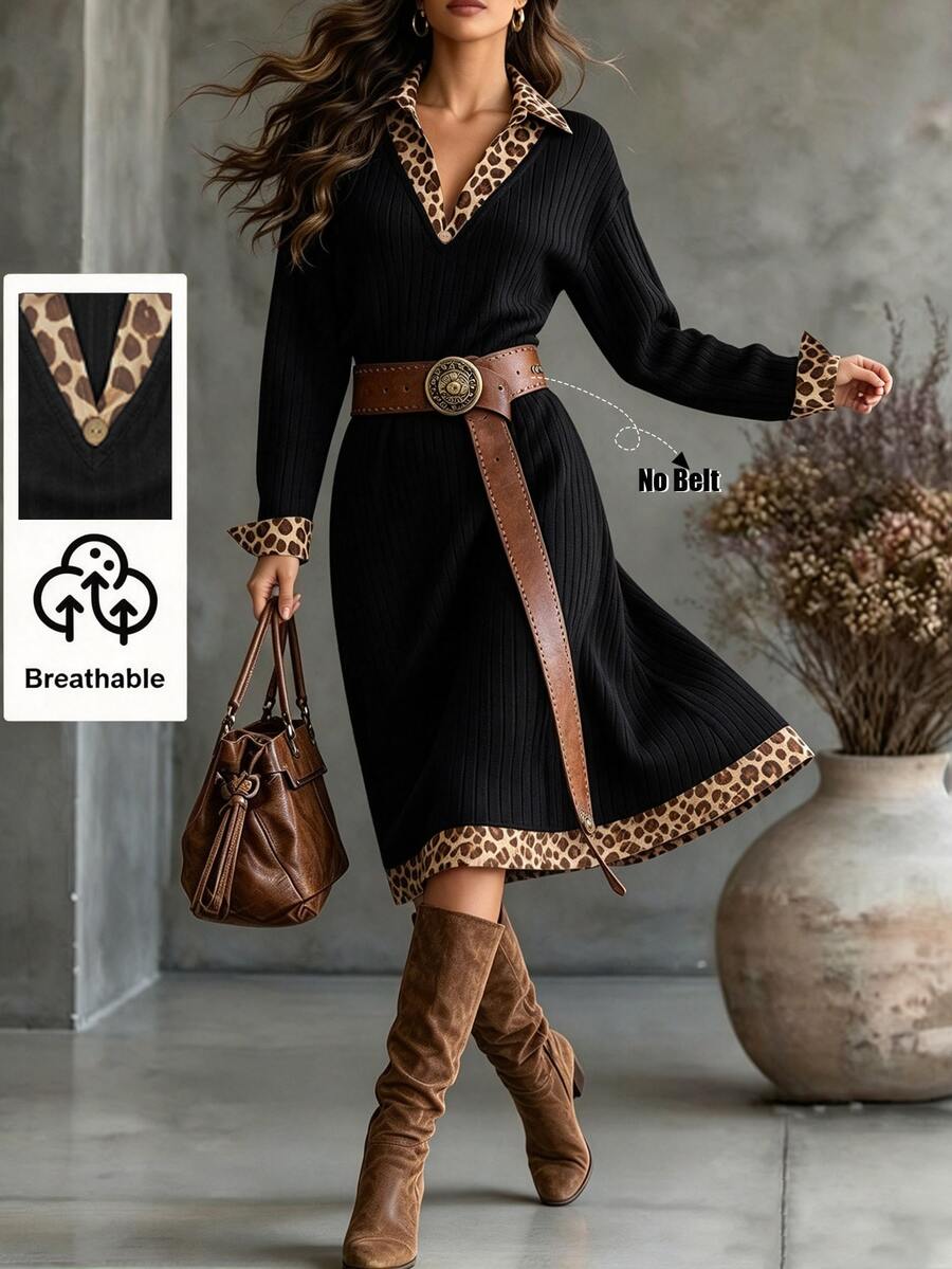 SHEIN Women's Autumn/Winter Minimalist Fashion Textured Solid Color & Leopard Print V-Neck Bodycon Dress, Suitable For Daily Wear, Commuting Elegant - Multicolor - View 1