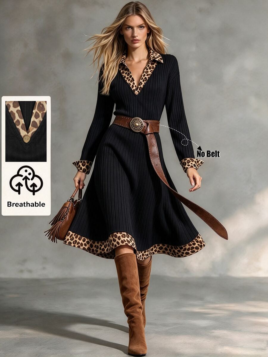 SHEIN Women's Autumn/Winter Minimalist Fashion Textured Solid Color & Leopard Print V-Neck Bodycon Dress, Suitable For Daily Wear, Commuting Elegant